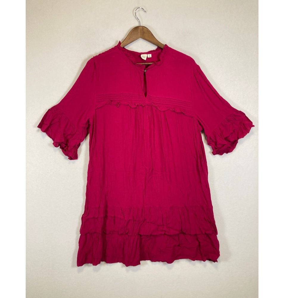 Boho Barbiecore Gap Women XXL Fuchsia Pink Ruffle Tiered‎ Rayon Shift Dress